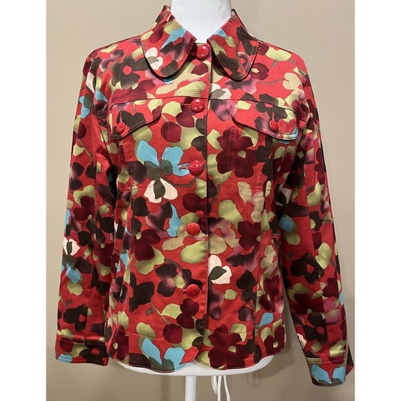 Ann Trinity Women's Red Floral Denim Jacket Colorful Artsy Size Medium - Picture 1 of 12